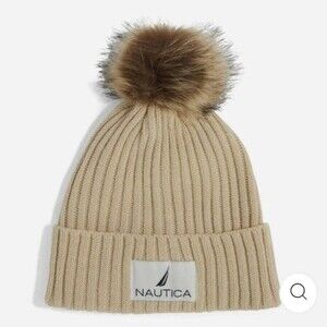 Nautica Women's Ribbed Hat Faux Fur Trim Tan winter hats acrylic A202